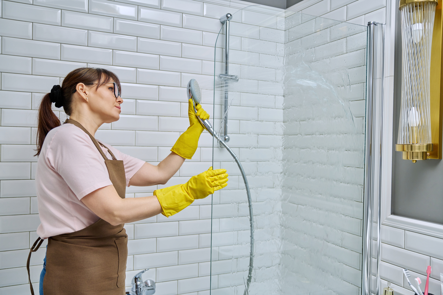 Middle-aged woman in an apron cleaning glass in shower in bathroom