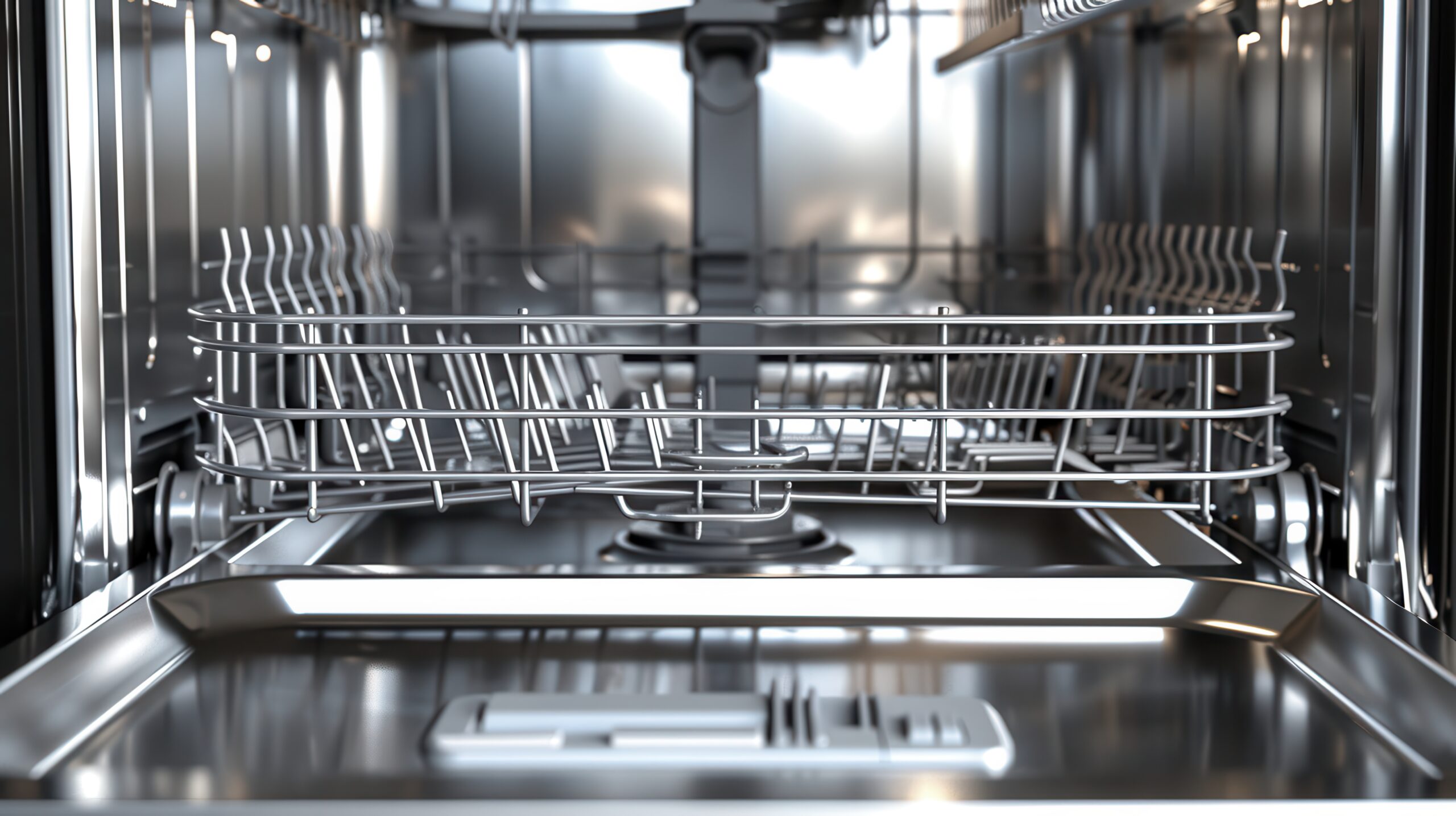 Interior view of a clean, empty stainless-steel dishwasher.